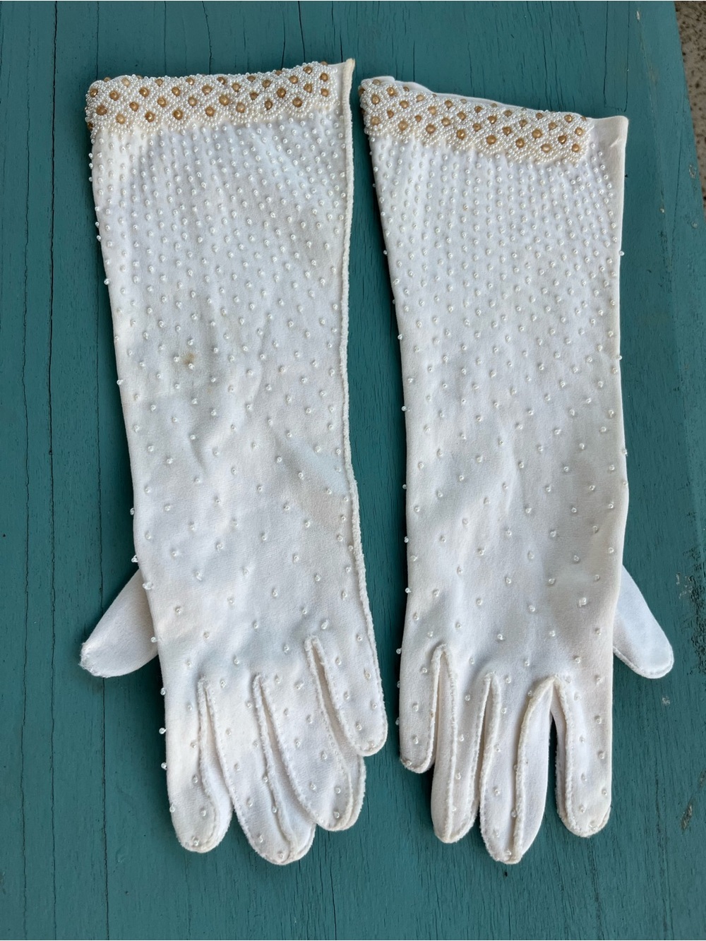 Exquisite vintage hand-beaded long formal gloves, 100% Double Cotton